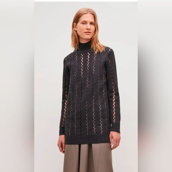COS Cut-Out gray turtleneck Boiled Wool Tunic sweater crochet ribbed size S cozy - Picture 1 of 12